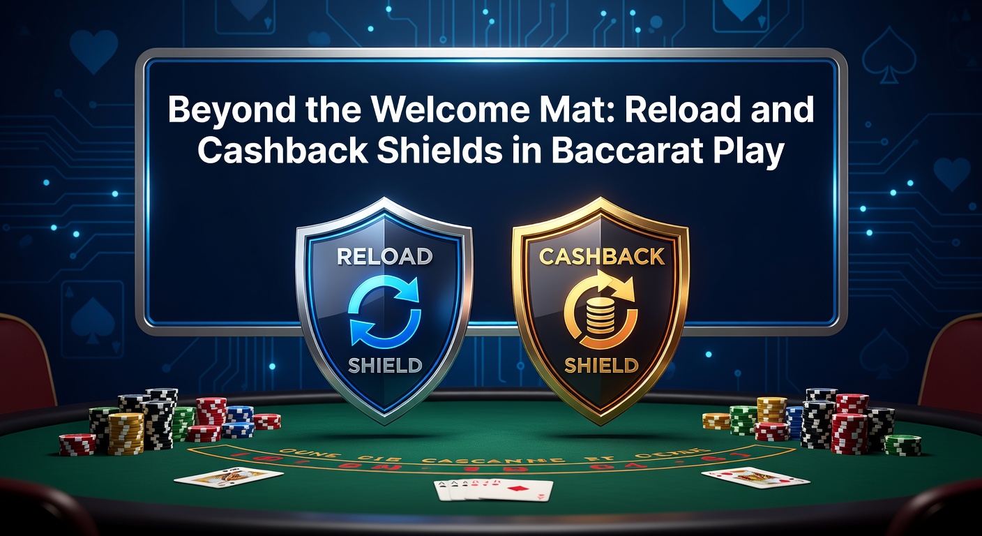 Digital illustration of baccarat cards and chips with glowing shield icons representing reload and cashback protections in online casino play