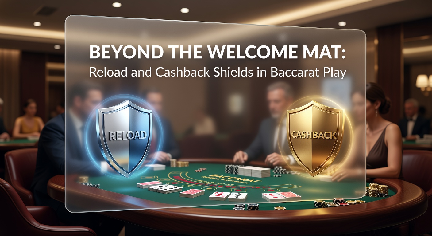 Close-up of a baccarat table with overlaid graphics showing cashback percentage icons and reload deposit notifications on a mobile screen