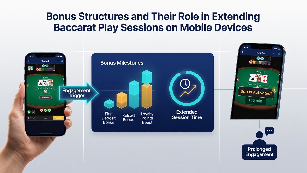Mobile baccarat gameplay showing bonus progress tracking and session duration metrics