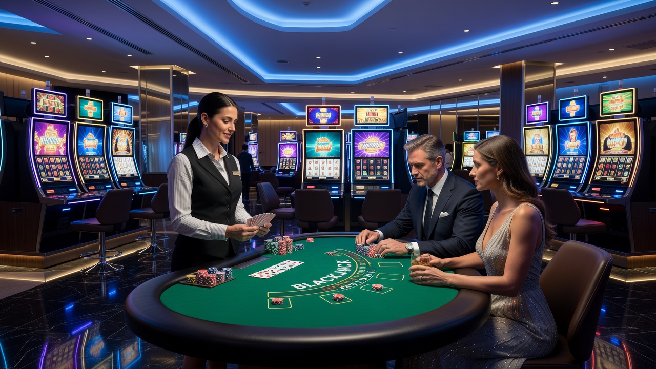 Modern slot machines with digital displays in a casino gaming area