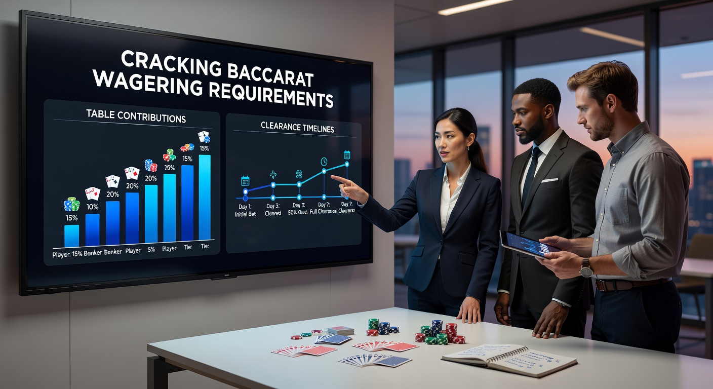 Digital illustration of a baccarat table with glowing wagering requirement charts overlayed, highlighting contribution percentages for different bets
