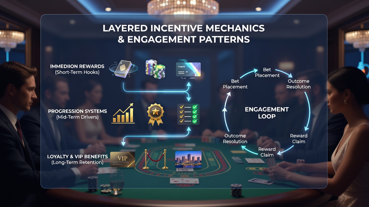 Analytics dashboard showing baccarat player retention trends linked to layered bonus progression