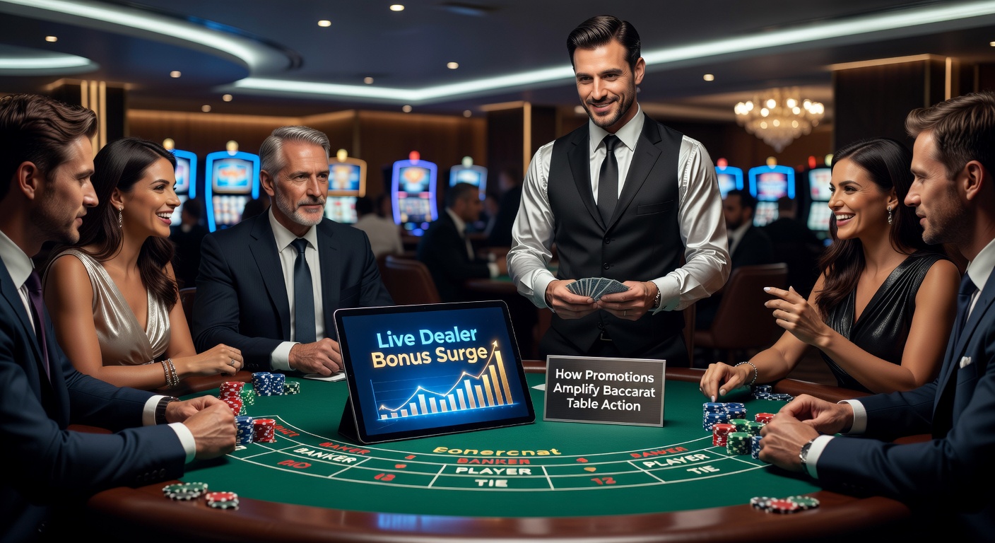 Vibrant live dealer baccarat table with digital bonus overlays highlighting promotional surges in real-time action