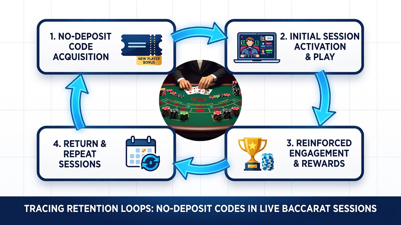 Flowchart illustrating retention loops where no-deposit credits prompt repeated live baccarat logins and bonus milestone achievements